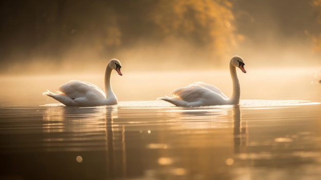 Pareja de cisnes en un lago en la luz de la mañana