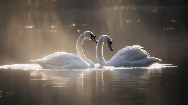 Pareja de cisnes en un lago en la luz de la mañana