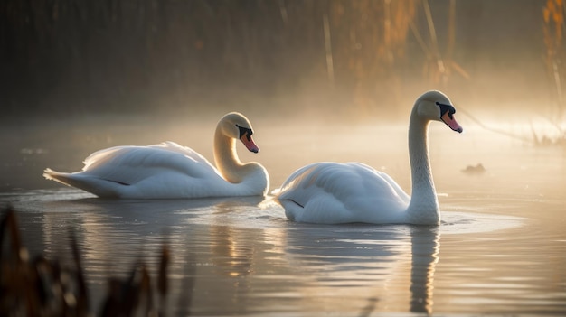 Pareja de cisnes en un lago en la luz de la mañana