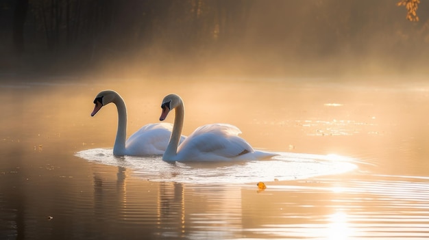 Pareja de cisnes en un lago en la luz de la mañana