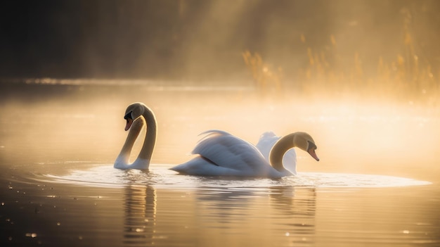 Pareja de cisnes en un lago en la luz de la mañana