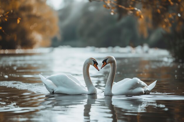 Foto una pareja de cisnes en el río en el fondo del bosque