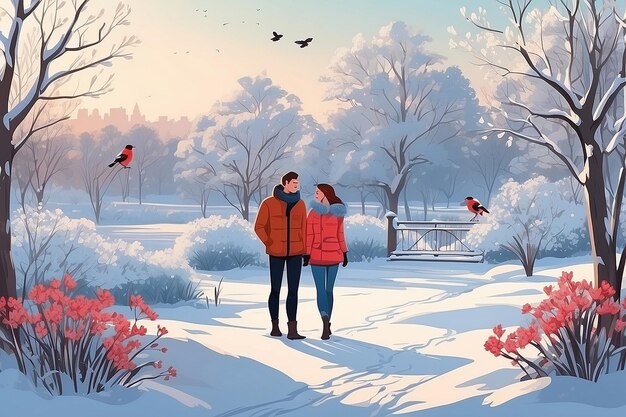 Foto pareja en una cita en el parque de invierno paisaje con naturaleza y plantas arbustos ramas con bullfinch