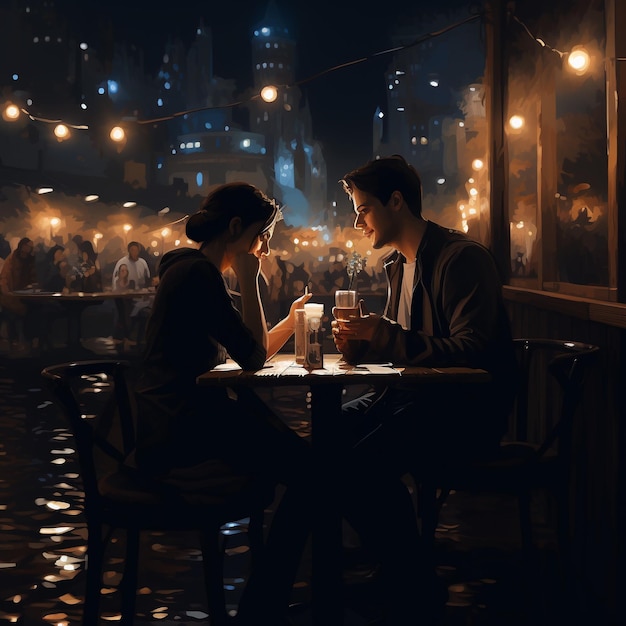 pareja en una cita romántica noche a la luz de las velas luna llena