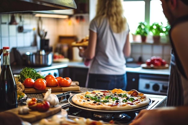 Una pareja en la cocina de casa viendo pizza casera horneándose en el horno