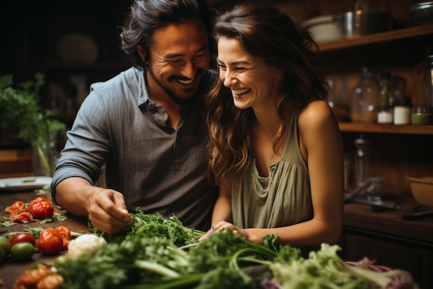 Foto pareja cocinando comida en la cocina