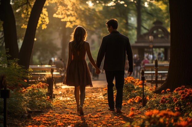 Pareja cogidos de la mano pasea por un tranquilo parque generativo IA