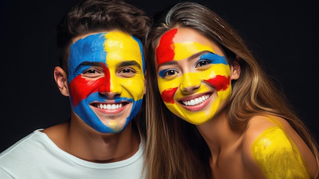 Una pareja colombiana tiene la bandera nacional pintada en el rostro