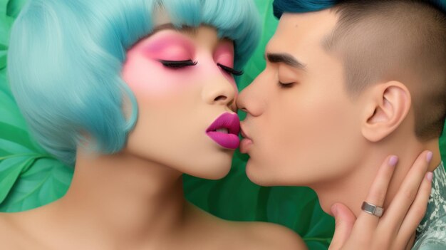 Una pareja con colores de cabello vibrantes compartiendo un beso apasionado