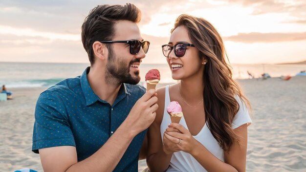 Foto una pareja comiendo helado en la playa.