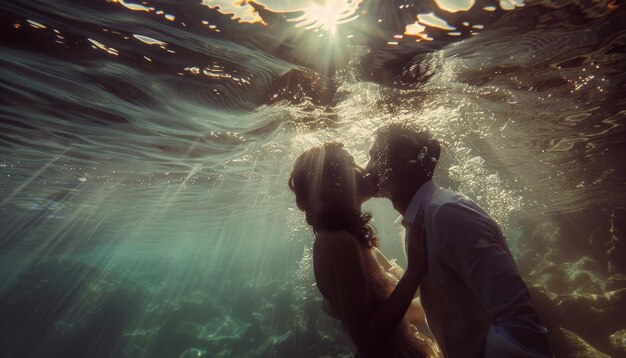 Foto una pareja comparte un beso bajo el agua con los rayos del sol creando un telón de fondo mágico