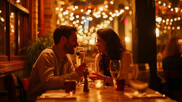 Una pareja comparte una cena íntima a la luz de las velas en un restaurante maravillosamente acogedor sus caras brillando en el suave ambiente romántico