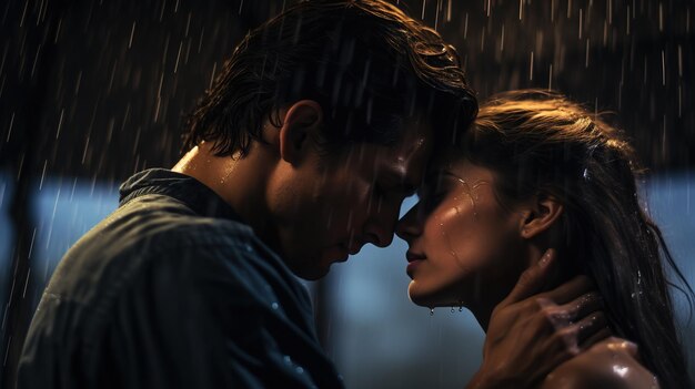 Una pareja compartiendo un beso apasionado bajo la lluvia mostrando una profunda conexión emocional autenticidad y romance