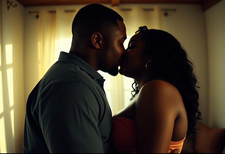 Una pareja compartiendo un beso suave en una habitación suavemente iluminada con paredes de colores claros