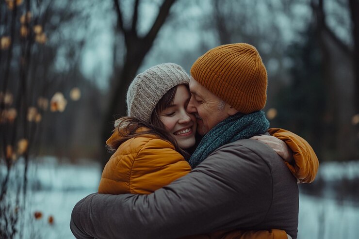 Una pareja compartiendo un cálido abrazo en un bosque nevado durante la noche de invierno IA generativa