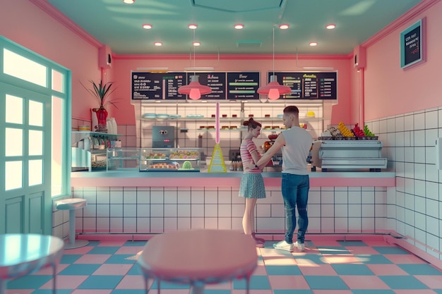 Foto una pareja compartiendo una golosina dulce en un bar de helados