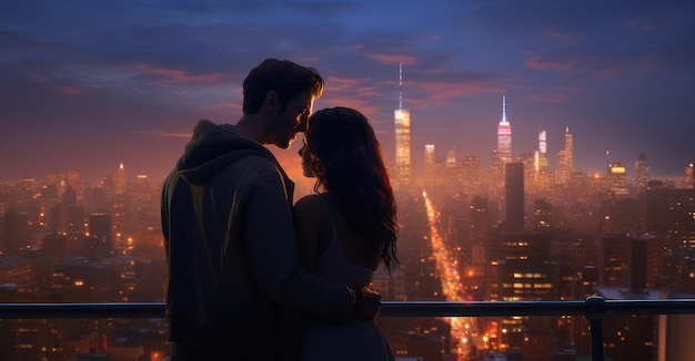 una pareja compartiendo un momento en una azotea con las majestuosas luces de la ciudad y los rascacielos como telón de fondo