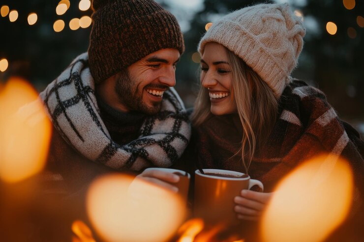 Una pareja compartiendo un momento feliz mientras disfruta de un cacao caliente junto a una fogata de cerca de sus caras acogedor b