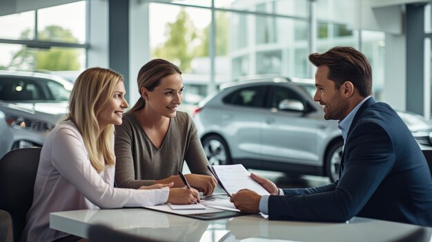 Una pareja compra un coche nuevo firmando un contrato de compra en un concesionario de automóviles