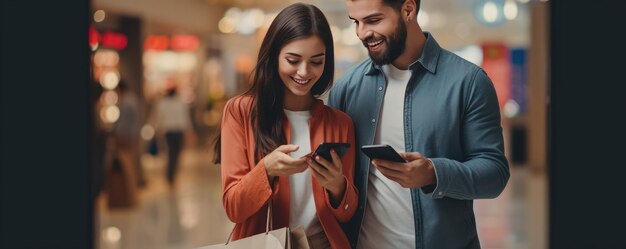 Pareja de compradores comprando con coloridas bolsas de compras en el centro comercial Generativo ai