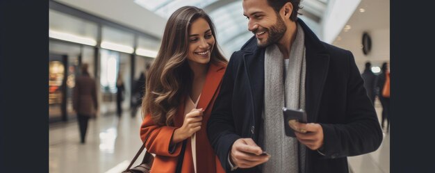 Pareja de compradores comprando con coloridas bolsas de compras en el centro comercial Generativo ai