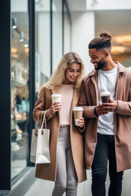 Pareja de compradores comprando con coloridas bolsas de compras en el centro comercial Generativo ai