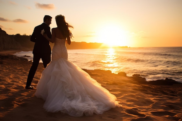 una pareja comprometida en la playa al atardecer