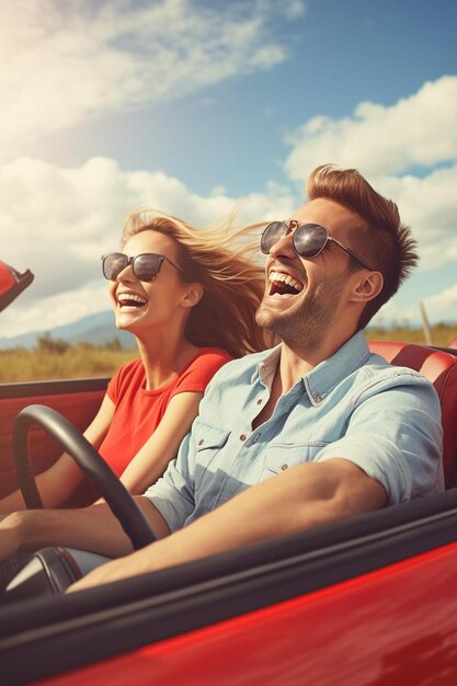 Foto pareja conduciendo un coche convertible con gafas de sol en el techo