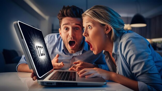 Una pareja conmocionada mirando una computadora portátil contemporánea
