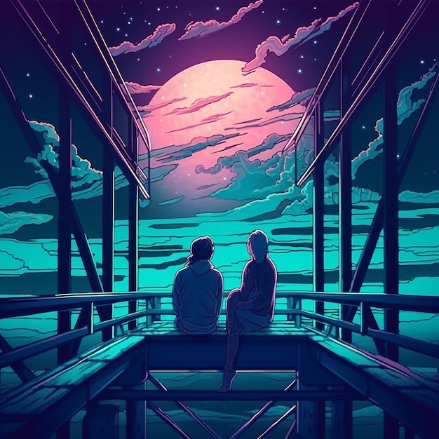 pareja contemplando la luna desde un puente dibujo de neón