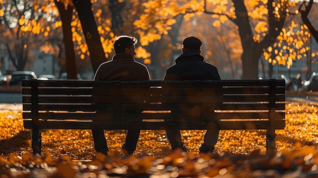 Una pareja contemplativa en un banco del parque en otoño