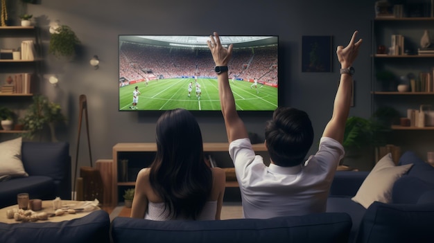 Foto pareja coreana animando y celebrando viendo un partido de fútbol en la televisión