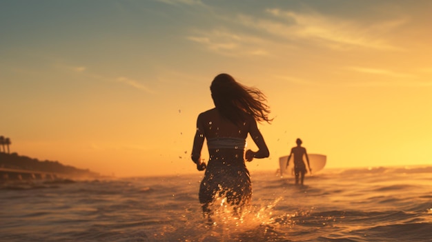 La pareja corre hacia el agua con surf