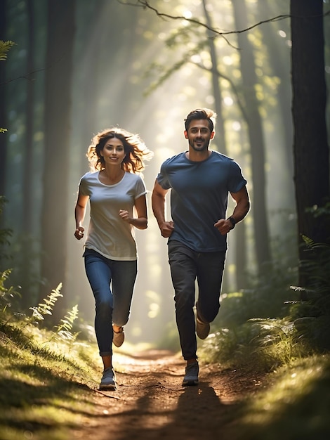 Foto una pareja está corriendo en el bosque generada por la ia