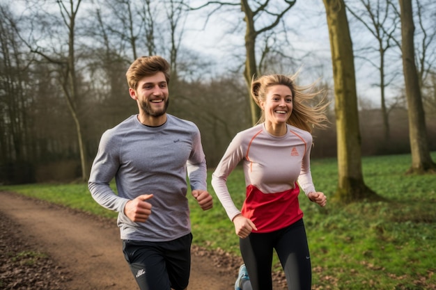 Foto una pareja corriendo en el bosque.