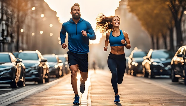 una pareja corriendo por la calle con el sol detrás de ellos