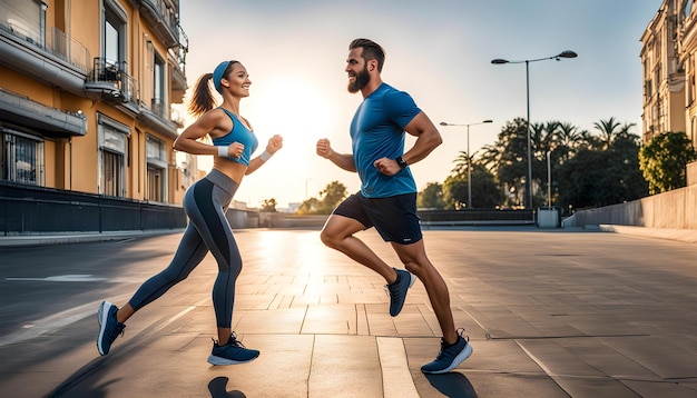 pareja corriendo por la calle con el sol detrás de ellos