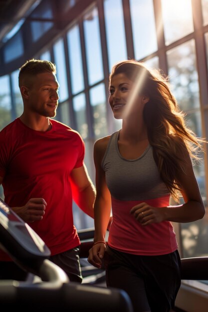 Foto una pareja corriendo en una cinta de correr en un gimnasio