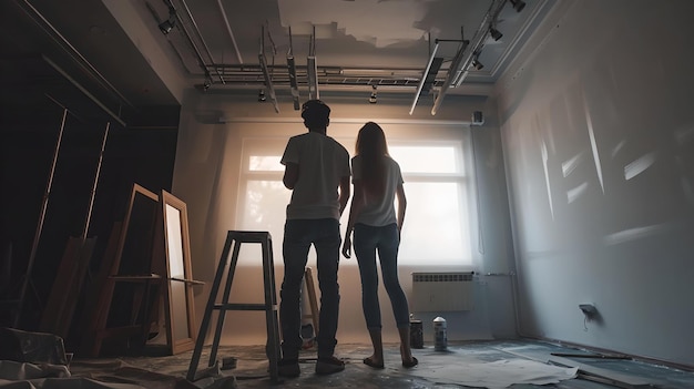 Una pareja creativa está de pie en un estudio de arte considerando un lienzo en blanco artistas en un momento contemplativo