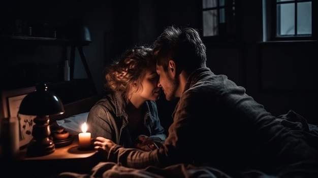 Una pareja en un cuarto oscuro con una vela encendida