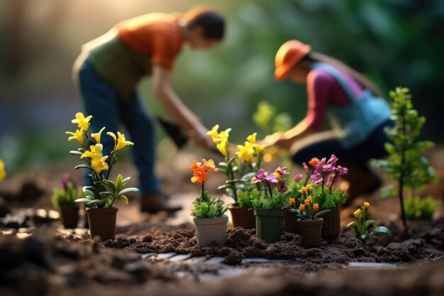 Pareja cuida flores en el jardín Hombre y mujer trabajando juntos al aire libre