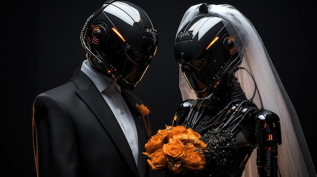 Una pareja de cyborgs saliendo de boda una pareja de robots de aspecto humano