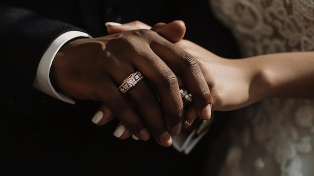 Una pareja se da la mano con la palabra amor en ellos.