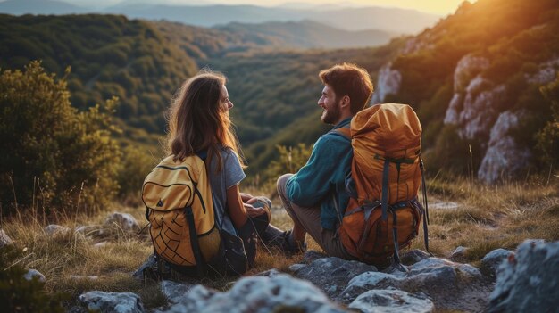 Una pareja despreocupada disfruta de la vista mientras se toma un descanso durante una caminata en la naturaleza