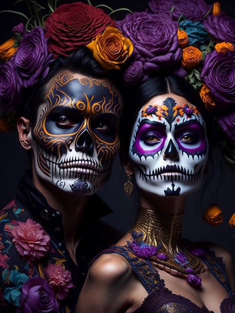 Foto pareja día de muertos maquillaje de calavera de azúcar da de muertos ai generativo