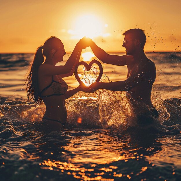 Foto pareja de día de san valentín en el lado del mar icono amante amor hart con había