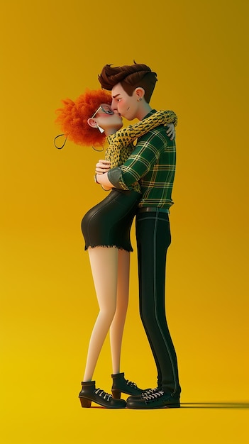Una pareja de dibujos animados en 3D enamorada abrazándose
