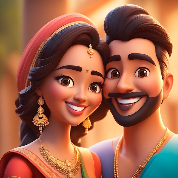 Una pareja de dibujos animados en 3D, un personaje indio en 3D feliz.