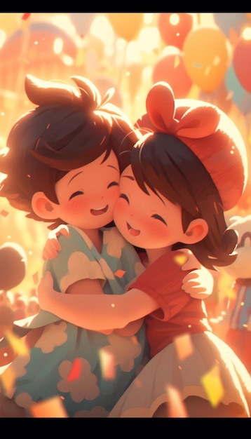Una pareja de dibujos animados abrazándose frente a globos generativos ai