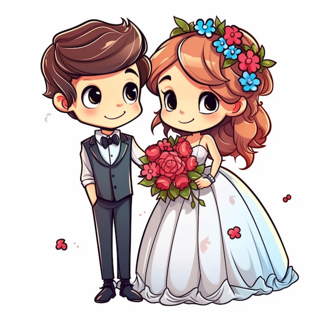 pareja de dibujos animados de bodas con flores y esmoquin generativo ai